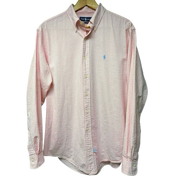 Ralph Lauren Polo Logo Size XL Button Down Shirt Pink White Striped Seersucker - Picture 1 of 6